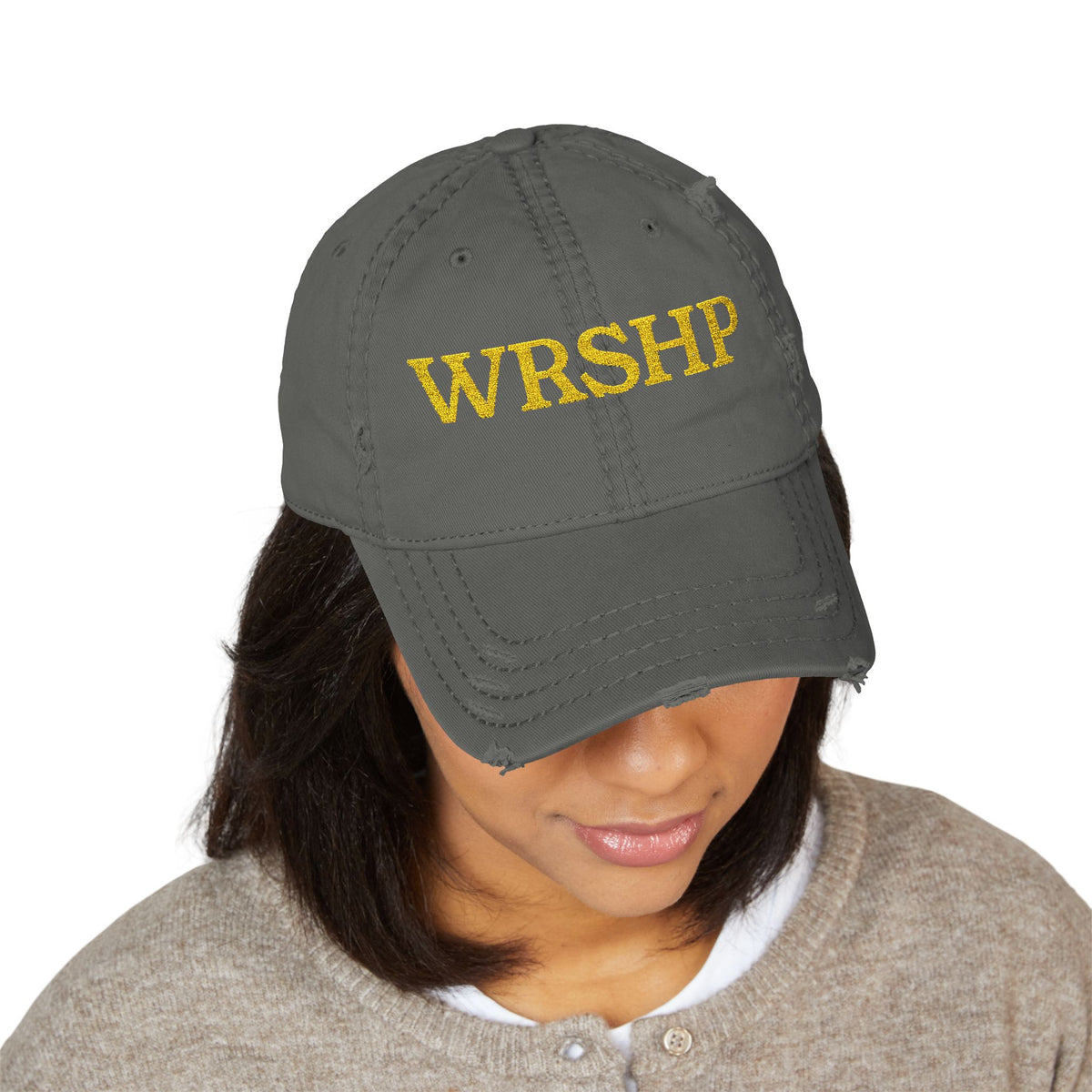 Distressed Embroidered Streetwear Cap - Charcoal Grey WRSHP Dad Hat