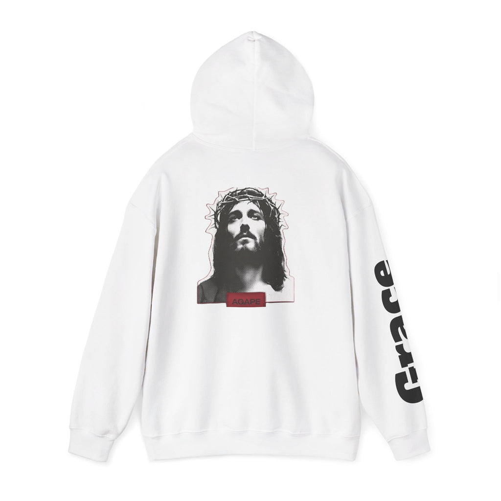Jesus Portrait Hoodie with "Grace" Sleeve Graphic — Inspirational Christian Streetwear