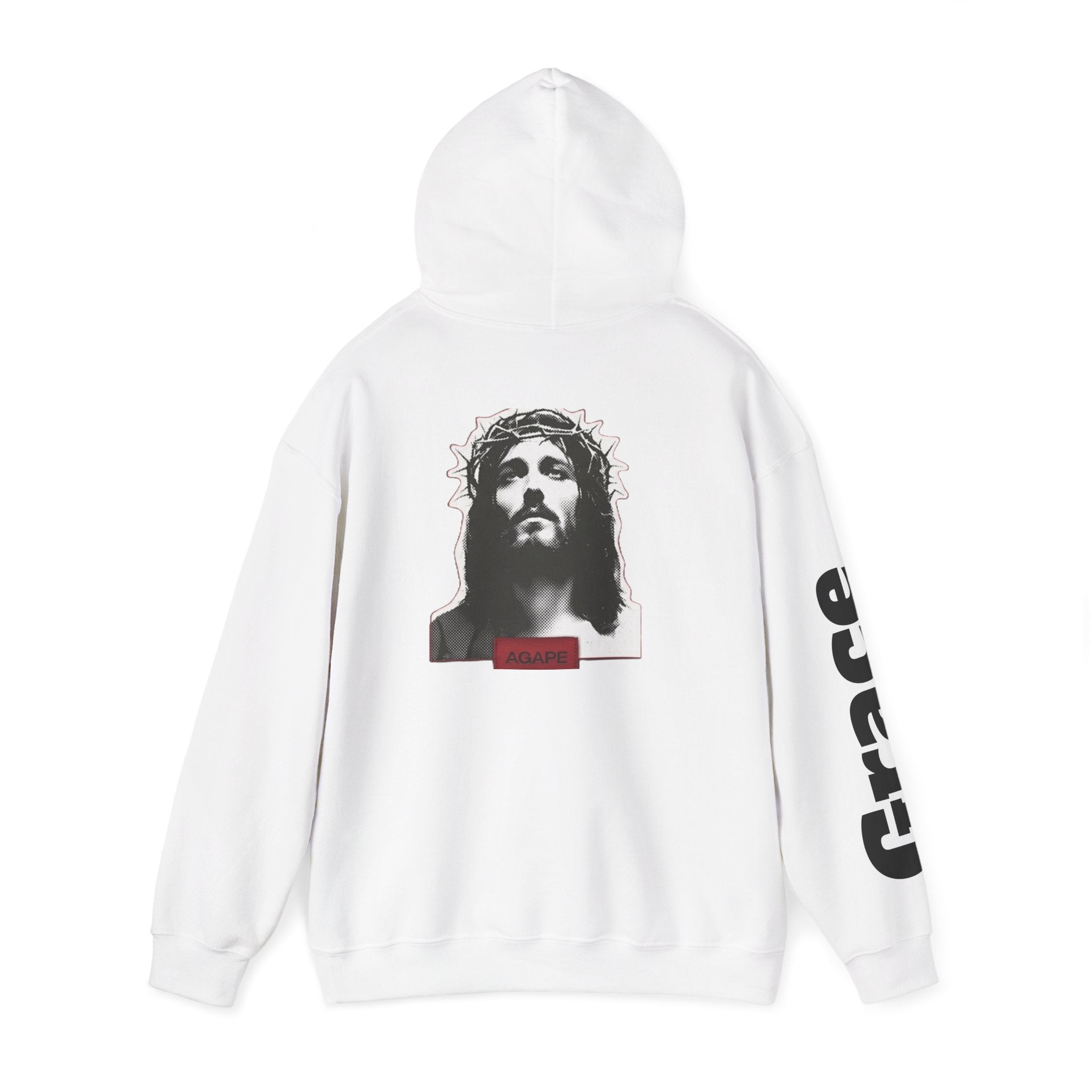 Jesus Portrait Hoodie with "Grace" Sleeve Graphic — Inspirational Christian Streetwear