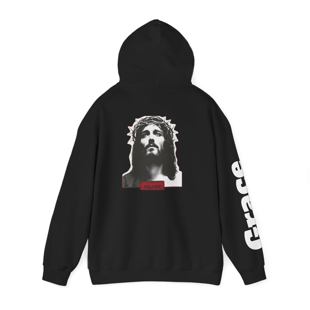 Jesus Portrait Hoodie with "Grace" Sleeve Graphic — Inspirational Christian Streetwear