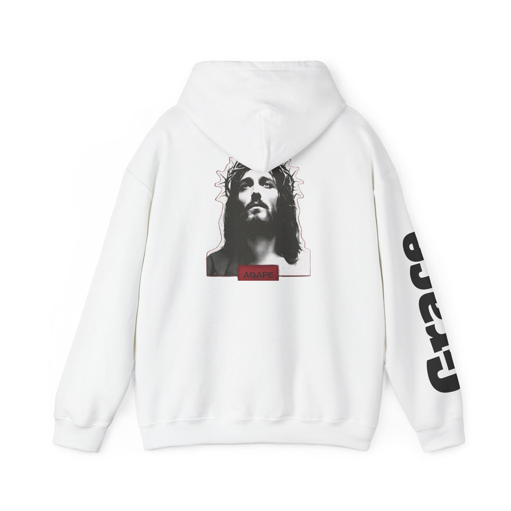 Jesus Portrait Hoodie with "Grace" Sleeve Graphic — Inspirational Christian Streetwear